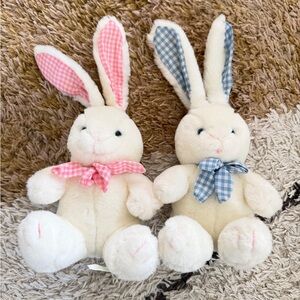 Vintage 90's Plush Easter Bunny Pair with Pink and Blue Gingham Ears